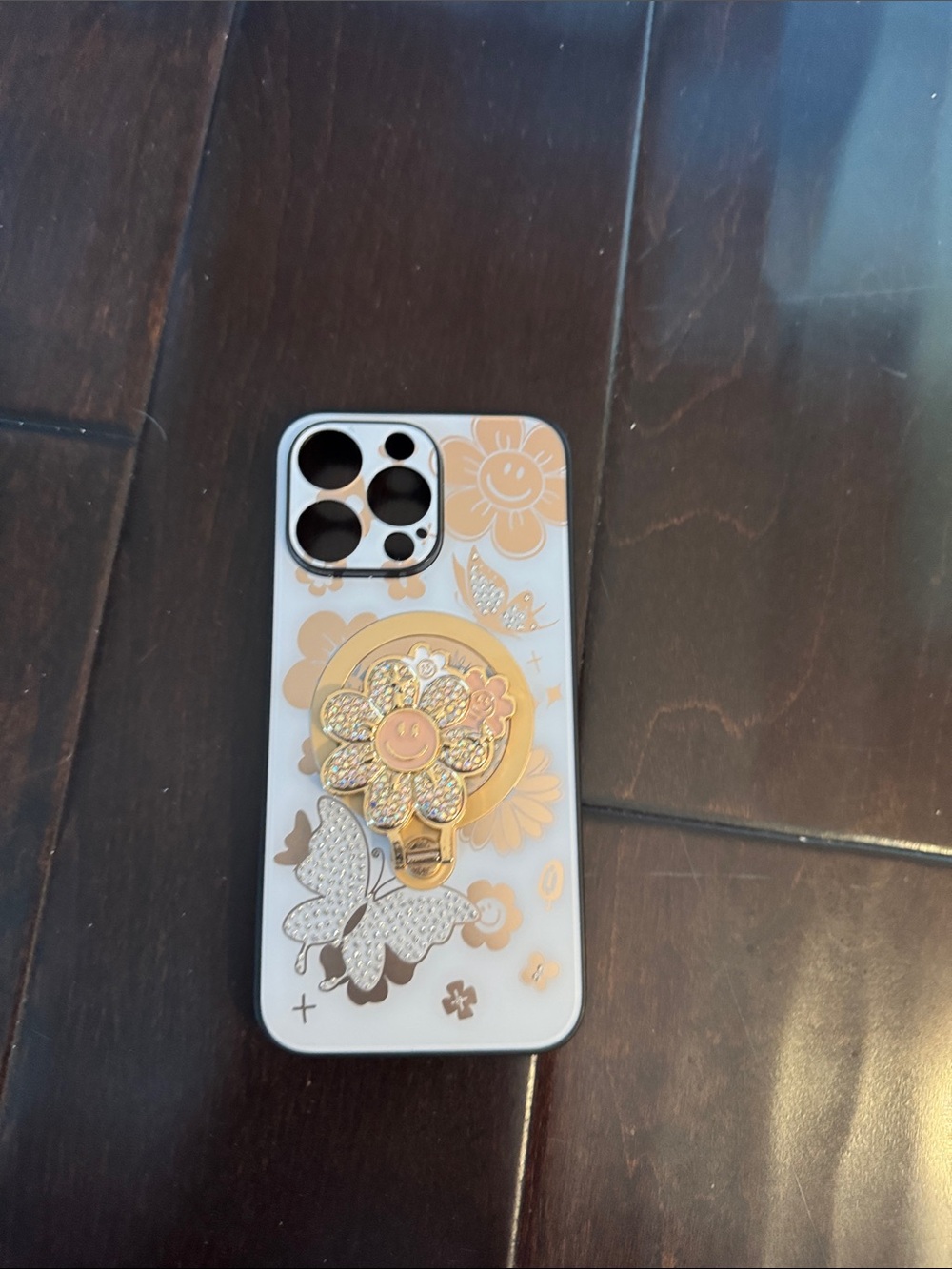 iPhone 15 pro max Floral Glitter Phone Case with Gold Ring with holder
